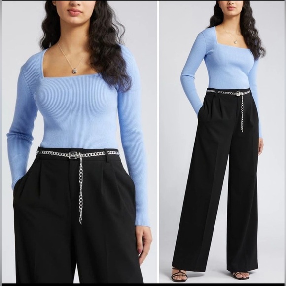 Open Edit Pants - OPEN EDIT Luxe Sculpt Square Neck Long Sleeve Top in Blue New With Tags